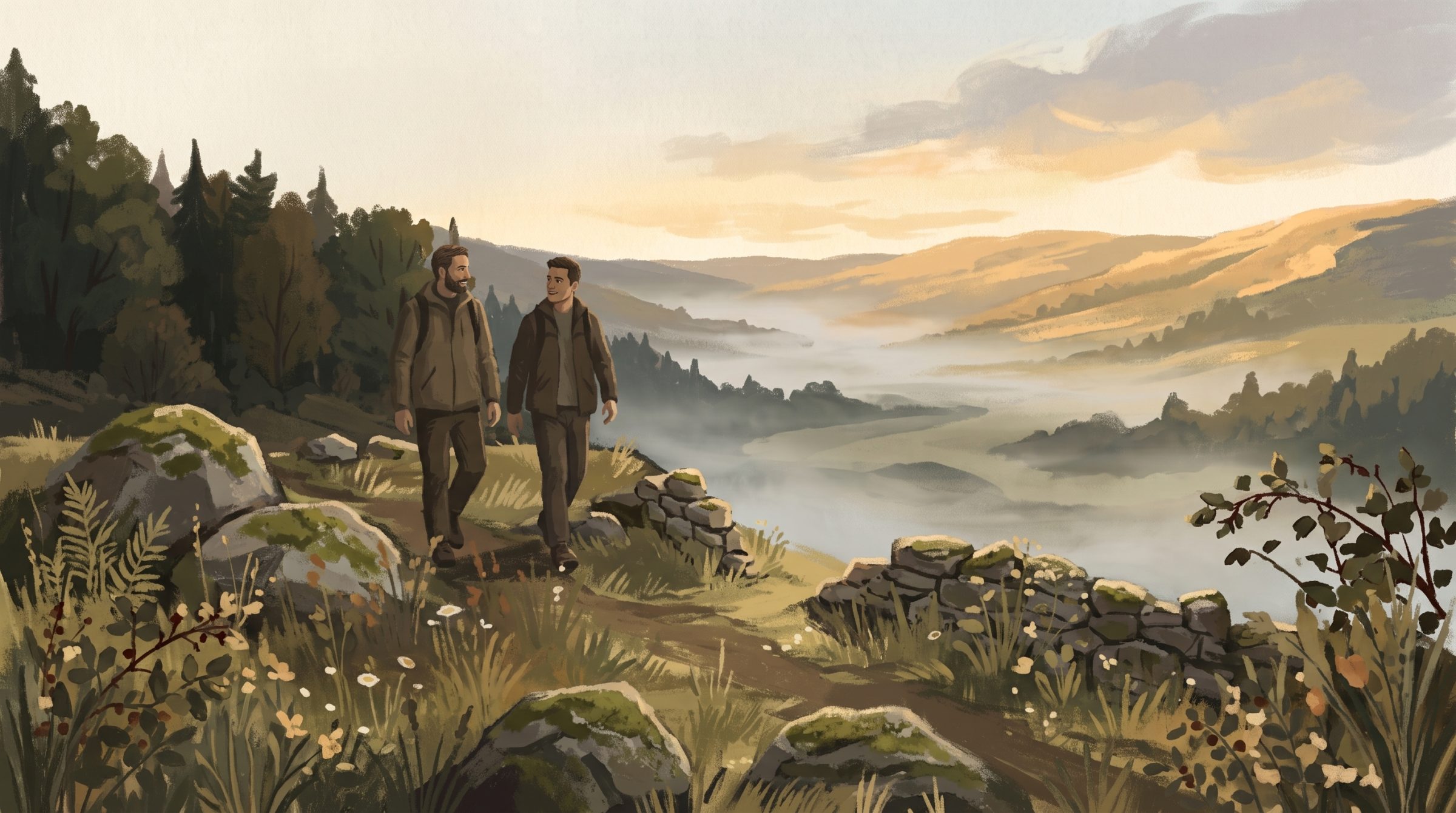 A painting of two people walking together along a ridge path in conversation, a mist-filled valley opening below them.