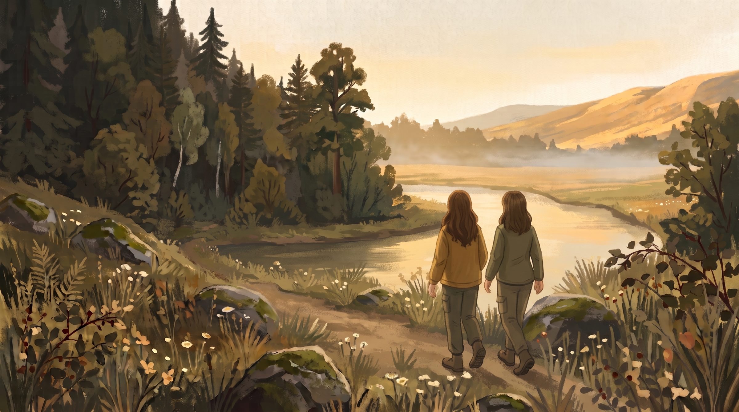 A painting of two people walking side by side down a dirt path toward a slow river, seen from behind, hills and mist ahead of them.