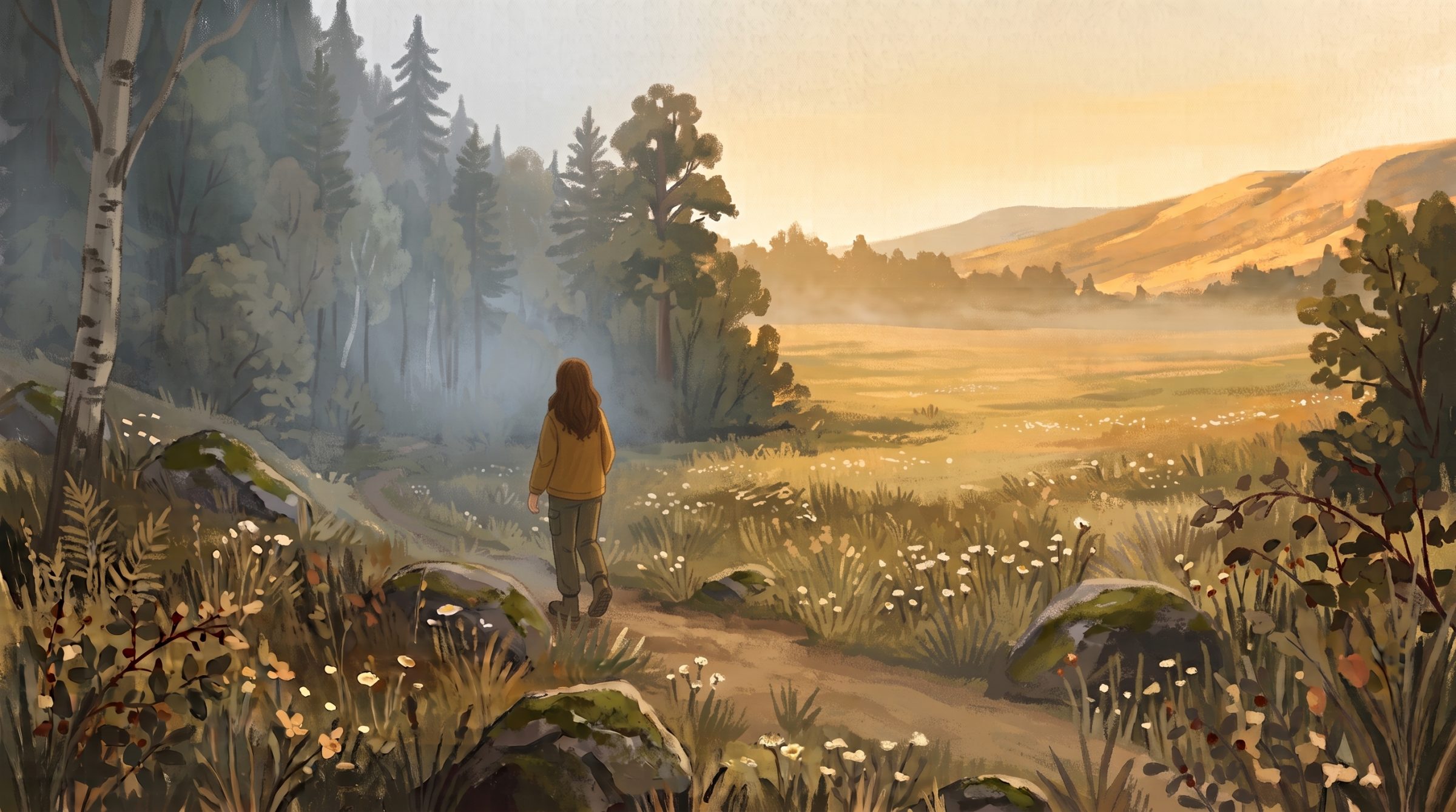 A painting of a person walking away along a faint path, leaving a misty stand of birch and pine for an open, sunlit meadow.