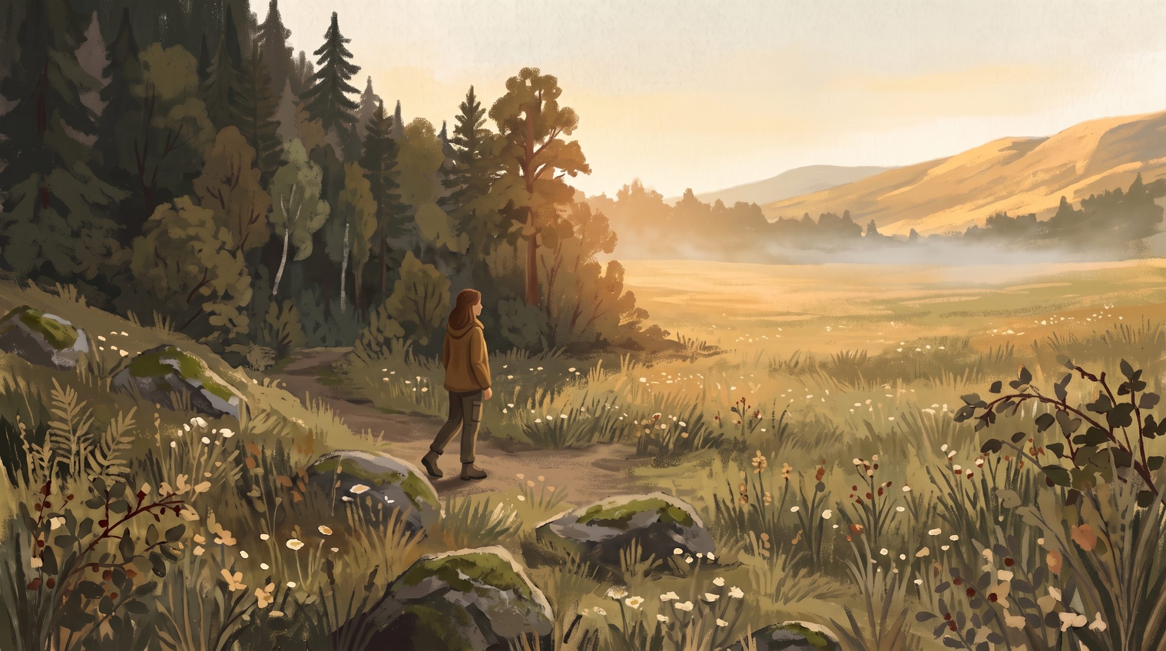 A painting of a person walking a narrow path where the forest edge gives way to a wide meadow of grass and small white flowers.