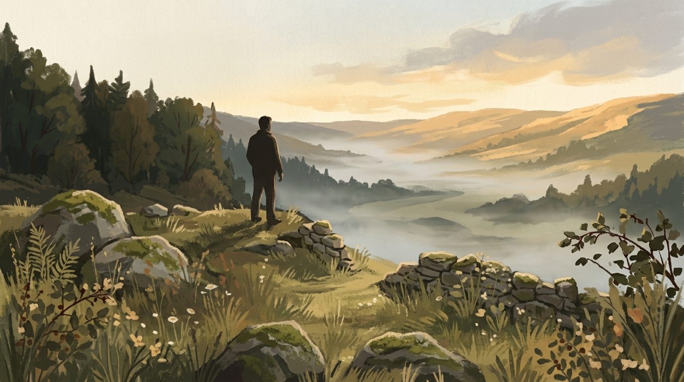 A painting of a lone figure standing at the edge of a mossy stone wall, looking out over a wide valley filling with morning mist, hills catching gold light beyond.