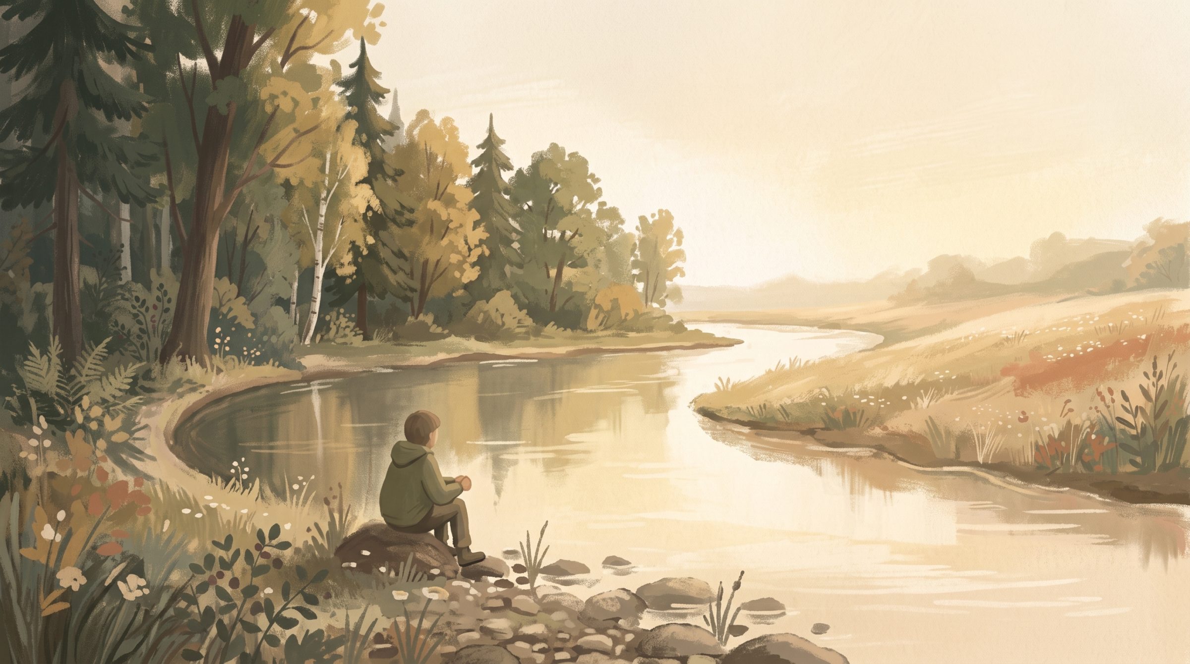 A pale, hazy painting of a person sitting at the edge of a wide river bend, a stand of trees behind them and open sky above.