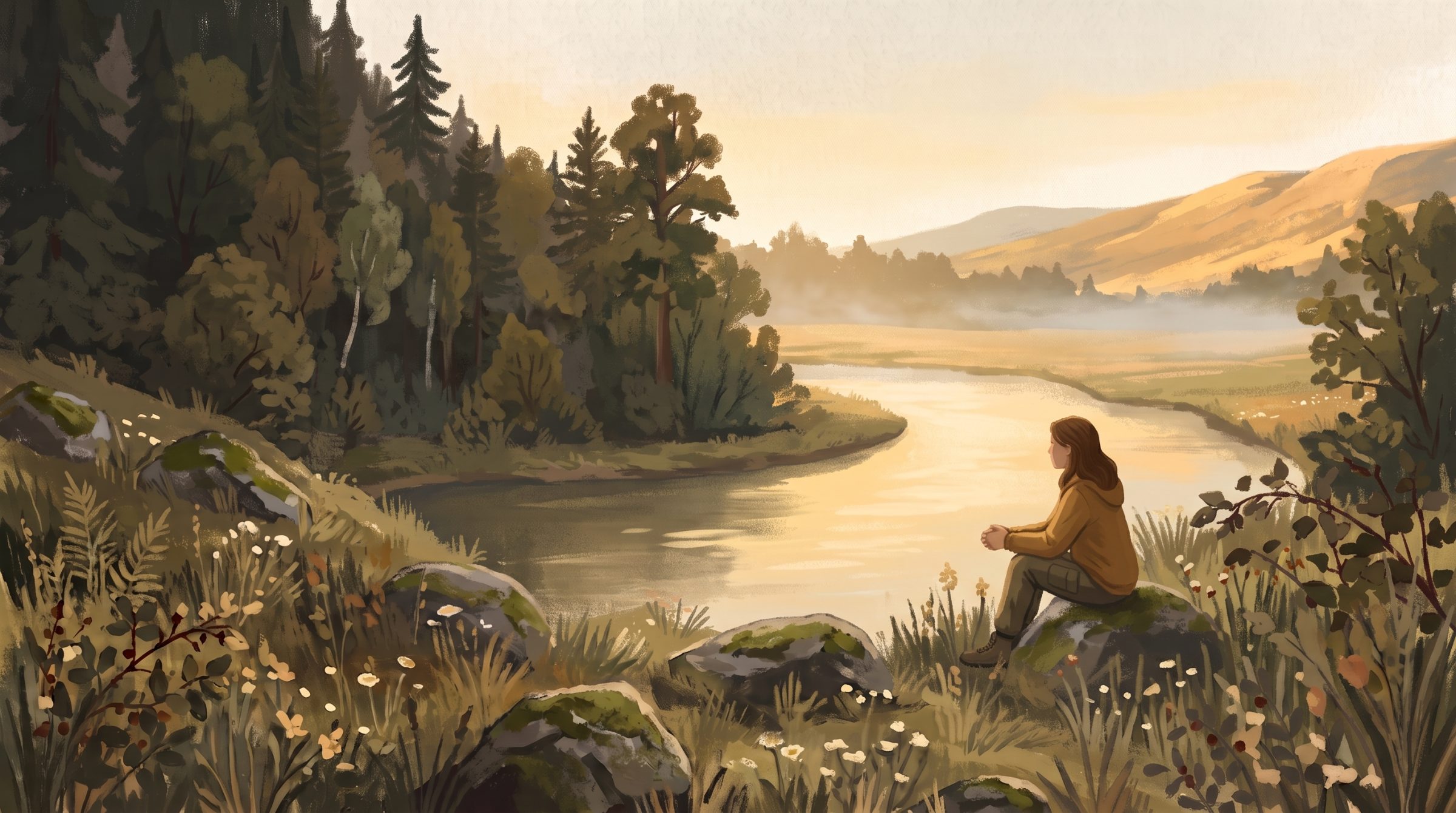 A painting of a person sitting on a rock at the edge of a river, hands folded, looking out across the water toward golden hills.