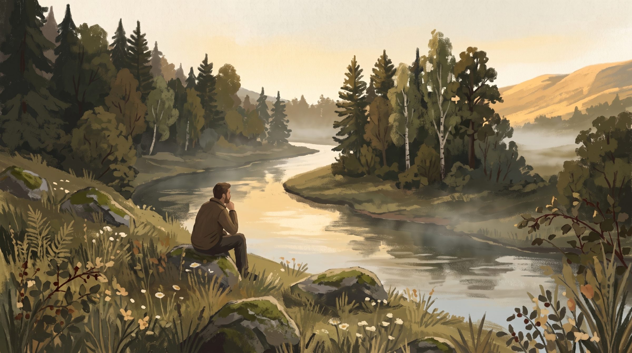 A painting of a person sitting alone on a mossy rock above a bend in a river, chin resting on one hand, watching the water in early light.