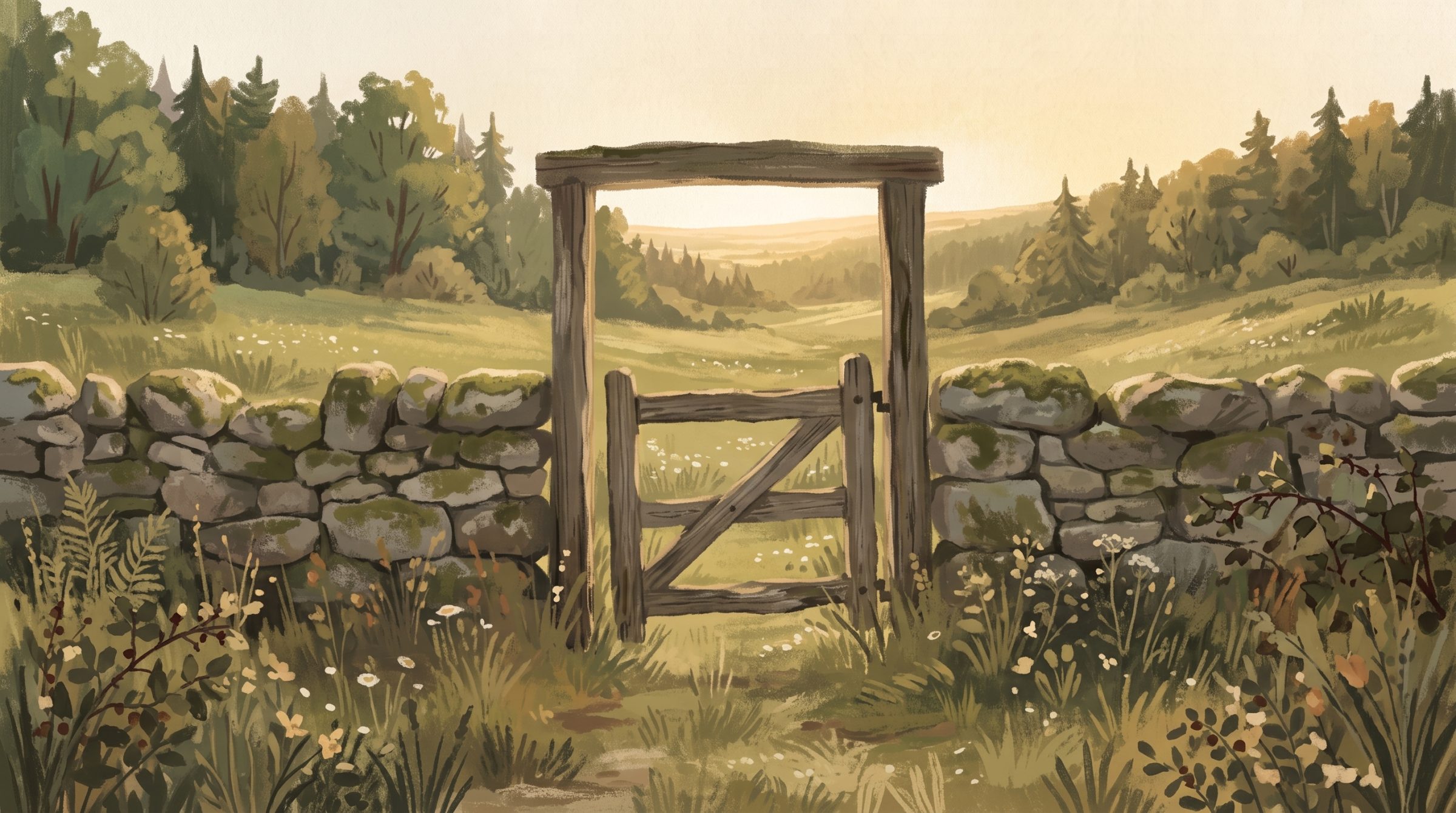 A painting of a weathered wooden gate set into a dry stone wall, standing open onto a sunlit meadow and low hills.